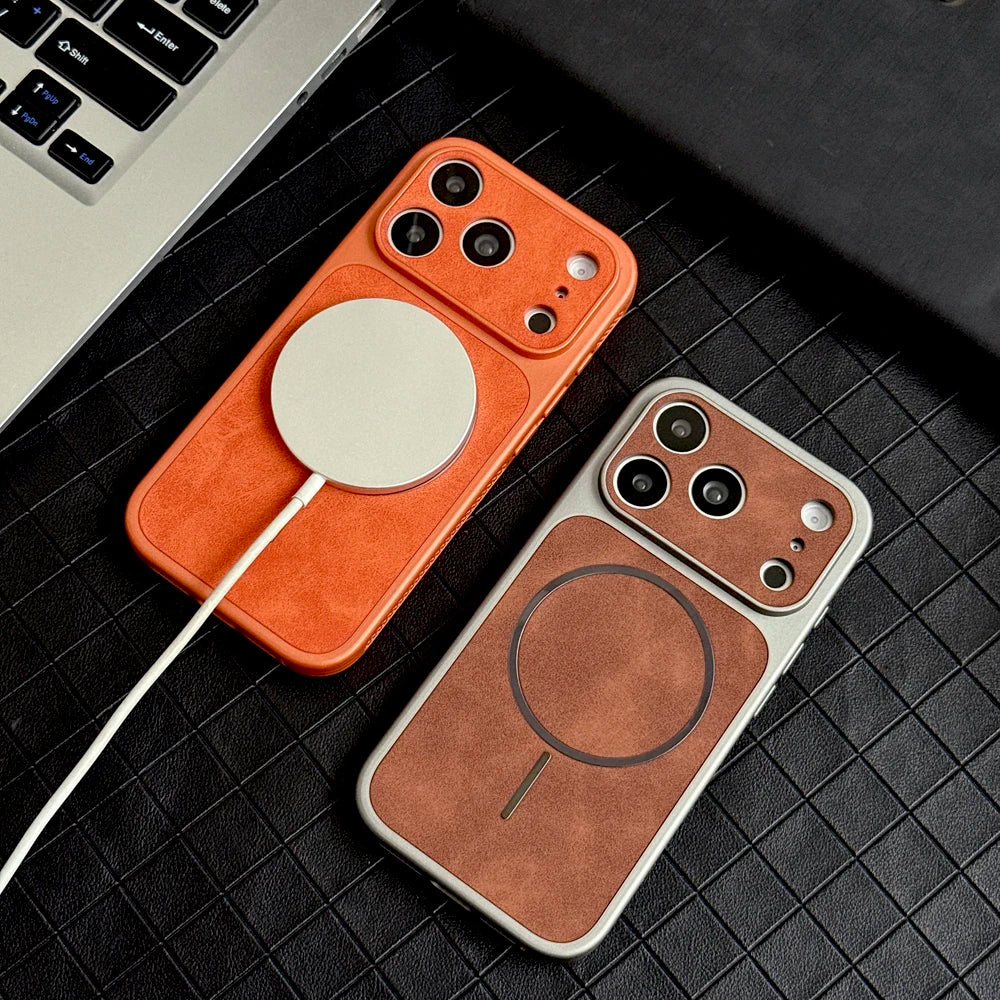 Luxury Faux Leather Case For iPhone 17 16 15 14 13 Pro Max 17Pro ProMax For Magsafe Wireless Charge Heat Dissipation Full Cover