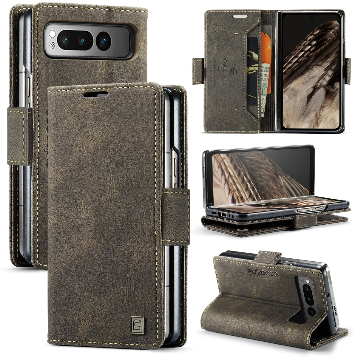 AUTSPACE Skin Feel Retro Leather Wallet Case for Google Pixel Fold Card Slots Holder Magnetic Clasp Folding Protective Case