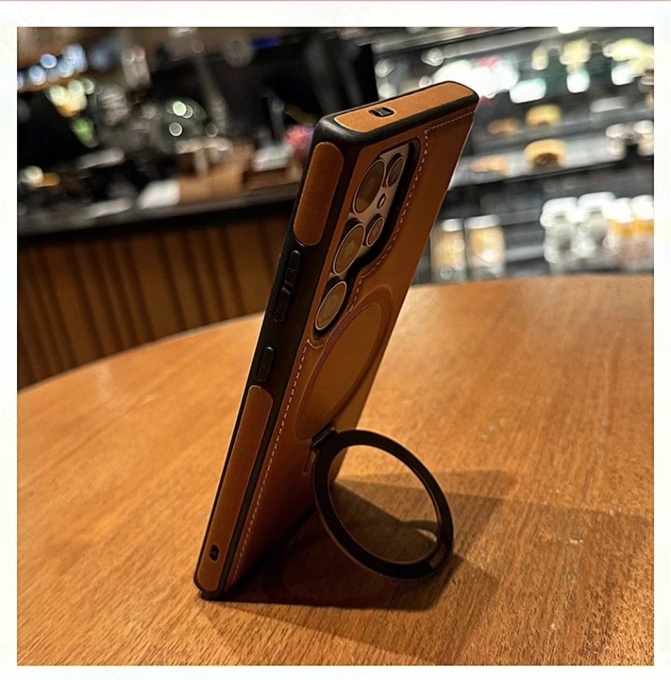 Business Retro Leather Holder Magnetic Case For Samsung Galaxy S25 S24 Ultra S23 S22 Plus Wireless Shockproof Cover For Magsafe
