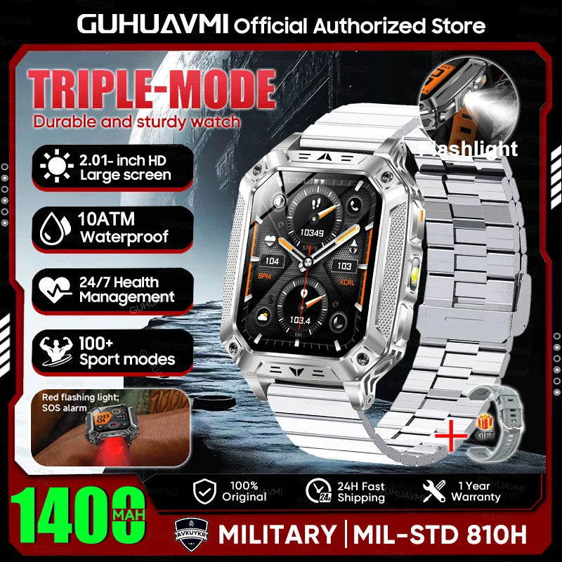 2026 New 1400mAh Large Battery Military Outdoor 2.01 inches Smart watch Men 10ATM Waterproof Bluetooth Call Sports Smart Watch