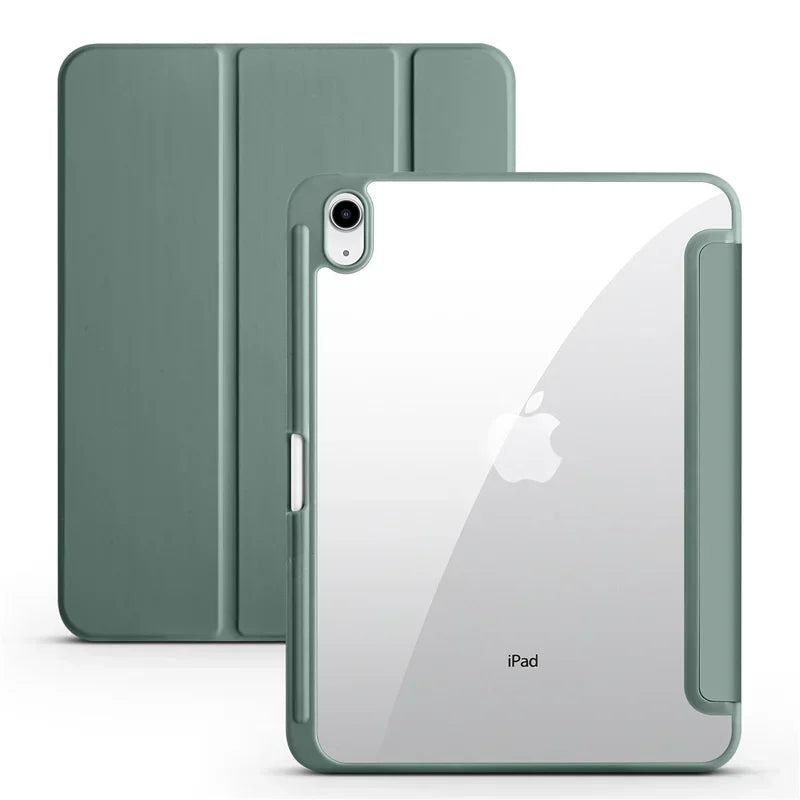 For iPad 10th Gen Case with Pen Holder Trifold Acrylic Clear Back Hard Cover For iPad 10.2 9.7 Air 11 5 4 iPad 11 A16 10 9 Case