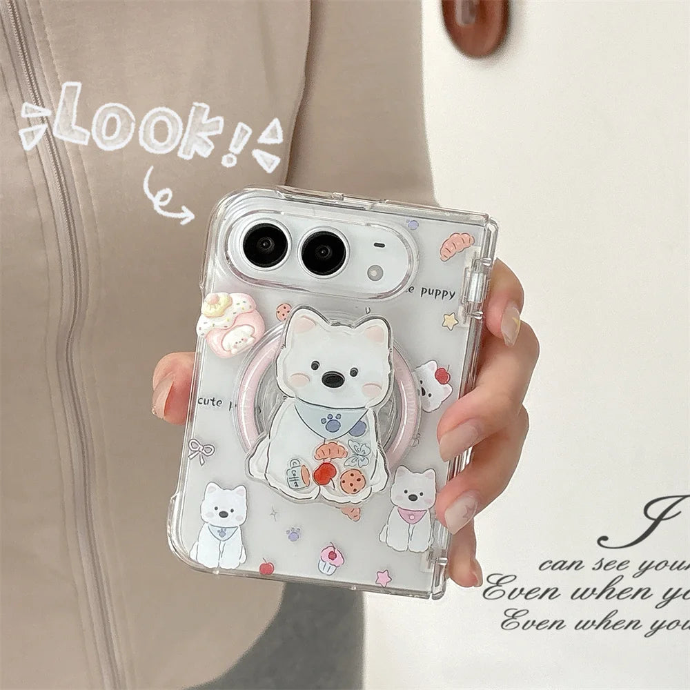 Korean Cute Puppy Magnetic Phone Case For iPhone Duo Cover With Magsafe Stand Anti‑Fall Protective Cases For Iphone Duo Cases
