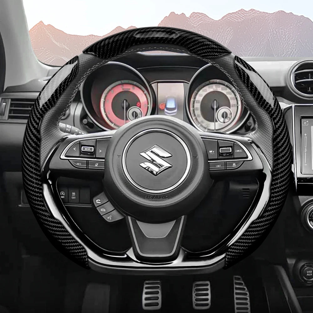 Suitable for Suzuki Sporty Glossy Carbon Fiber Texture Steering Wheel Cover Snap-On Protective Shell Wagon R Swift Ertiga Brezza Baleno Fronx Dzire Spacia Alto Eeco Hustler Grand Vitara S-Cross Ignis Accessories