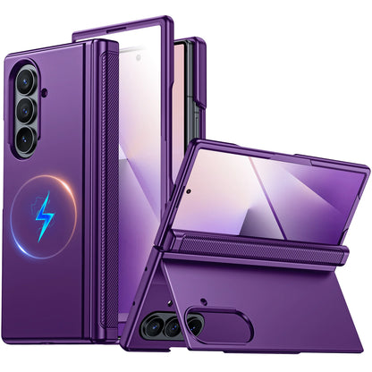 Magnetic Case for Samsung Galaxy Z Fold 7 with Hidden Kickstand, Built-in 9H Glass Screen Protector & Hinge Protection-Blue