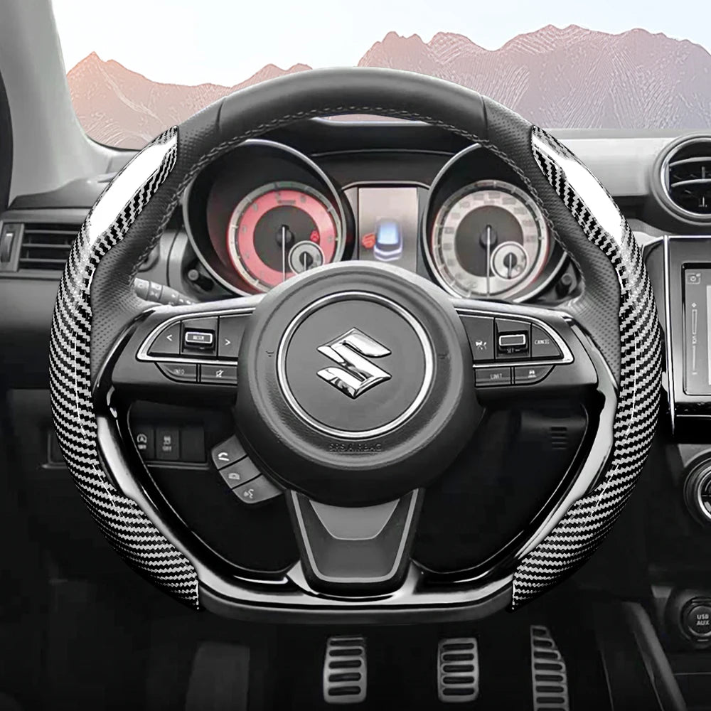 Suitable for Suzuki Sporty Glossy Carbon Fiber Texture Steering Wheel Cover Snap-On Protective Shell Wagon R Swift Ertiga Brezza Baleno Fronx Dzire Spacia Alto Eeco Hustler Grand Vitara S-Cross Ignis Accessories