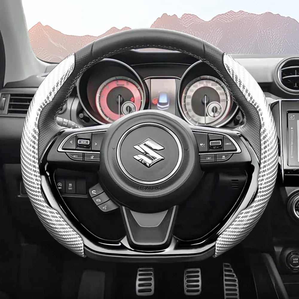 Suitable for Suzuki Sporty Glossy Carbon Fiber Texture Steering Wheel Cover Snap-On Protective Shell Wagon R Swift Ertiga Brezza Baleno Fronx Dzire Spacia Alto Eeco Hustler Grand Vitara S-Cross Ignis Accessories