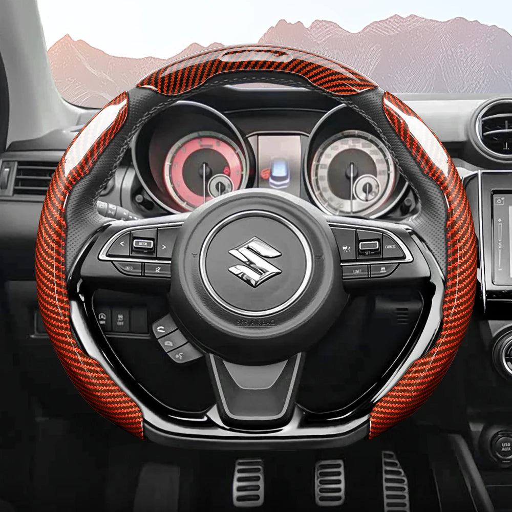 Suitable for Suzuki Sporty Glossy Carbon Fiber Texture Steering Wheel Cover Snap-On Protective Shell Wagon R Swift Ertiga Brezza Baleno Fronx Dzire Spacia Alto Eeco Hustler Grand Vitara S-Cross Ignis Accessories