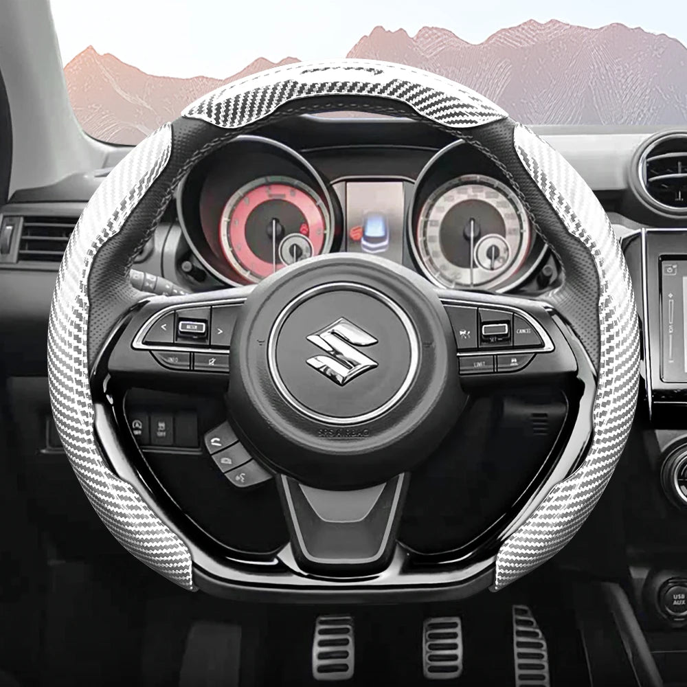 Suitable for Suzuki Sporty Glossy Carbon Fiber Texture Steering Wheel Cover Snap-On Protective Shell Wagon R Swift Ertiga Brezza Baleno Fronx Dzire Spacia Alto Eeco Hustler Grand Vitara S-Cross Ignis Accessories