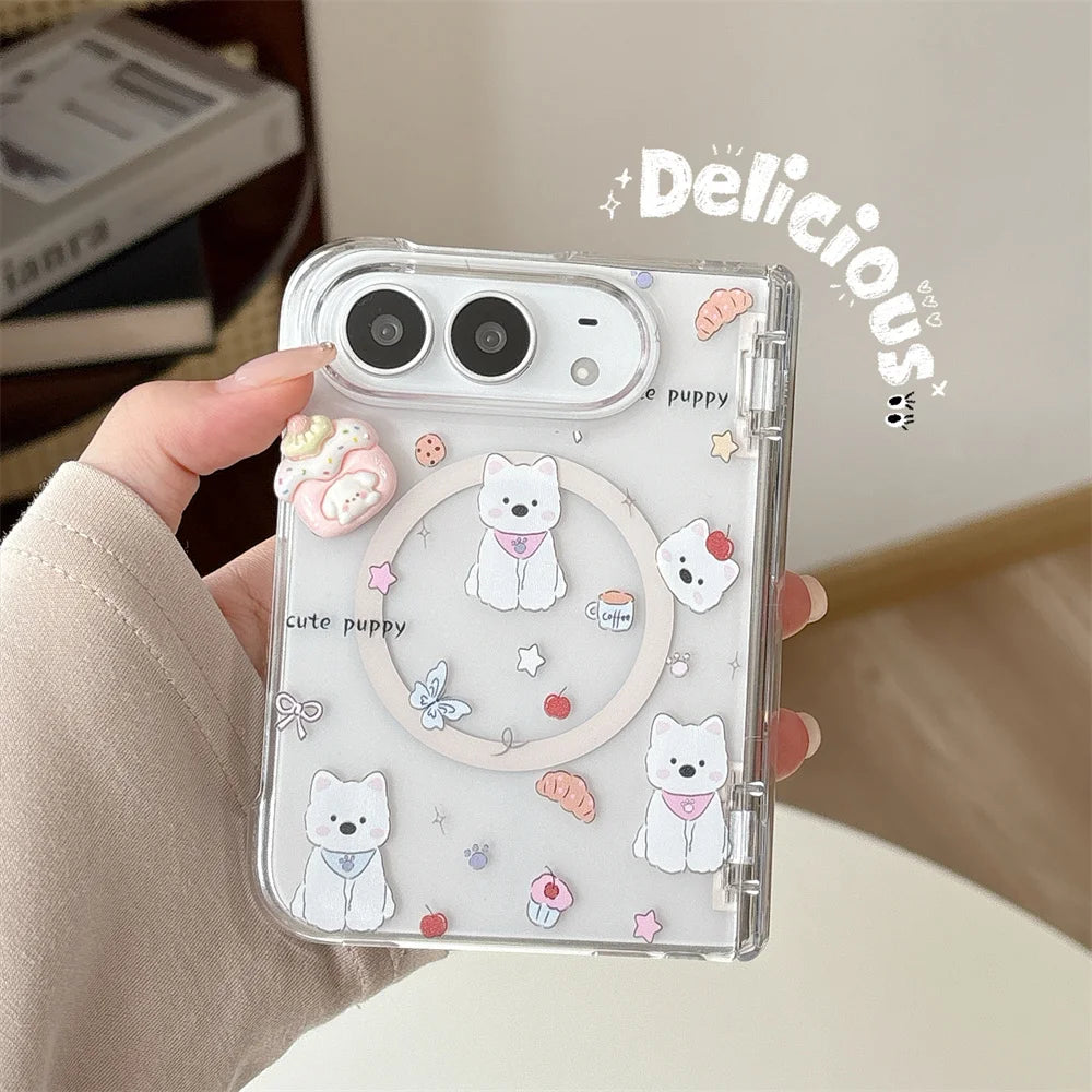 Korean Cute Puppy Magnetic Phone Case For iPhone Duo Cover With Magsafe Stand Anti‑Fall Protective Cases For Iphone Duo Cases