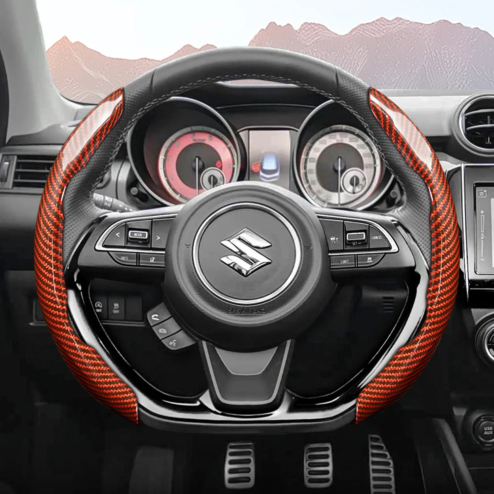 Suitable for Suzuki Sporty Glossy Carbon Fiber Texture Steering Wheel Cover Snap-On Protective Shell Wagon R Swift Ertiga Brezza Baleno Fronx Dzire Spacia Alto Eeco Hustler Grand Vitara S-Cross Ignis Accessories
