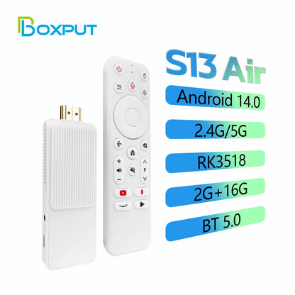 S13 Air Smart TV Stick Android 14 Rockchip RK3518, 2.4G&5G WiFi6 Dual Band, 2GB 16GB ROM 4K HDR Bluetooth Voice Remote Control