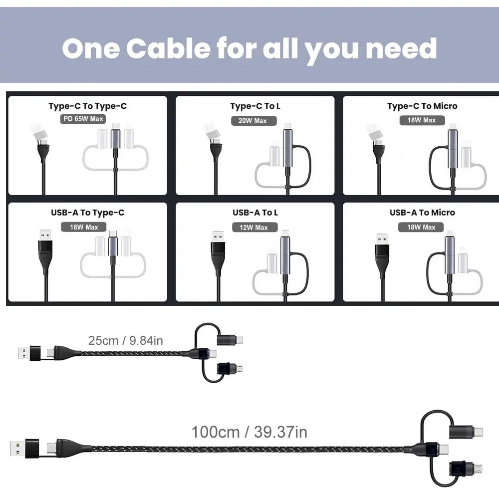 PD 65W 4 5 in 1 USB C Multi Fast Charging Cable Nylon Braided Sync Data Cord USB A/C to Type C/Micro For iPhone Samsung MacBook