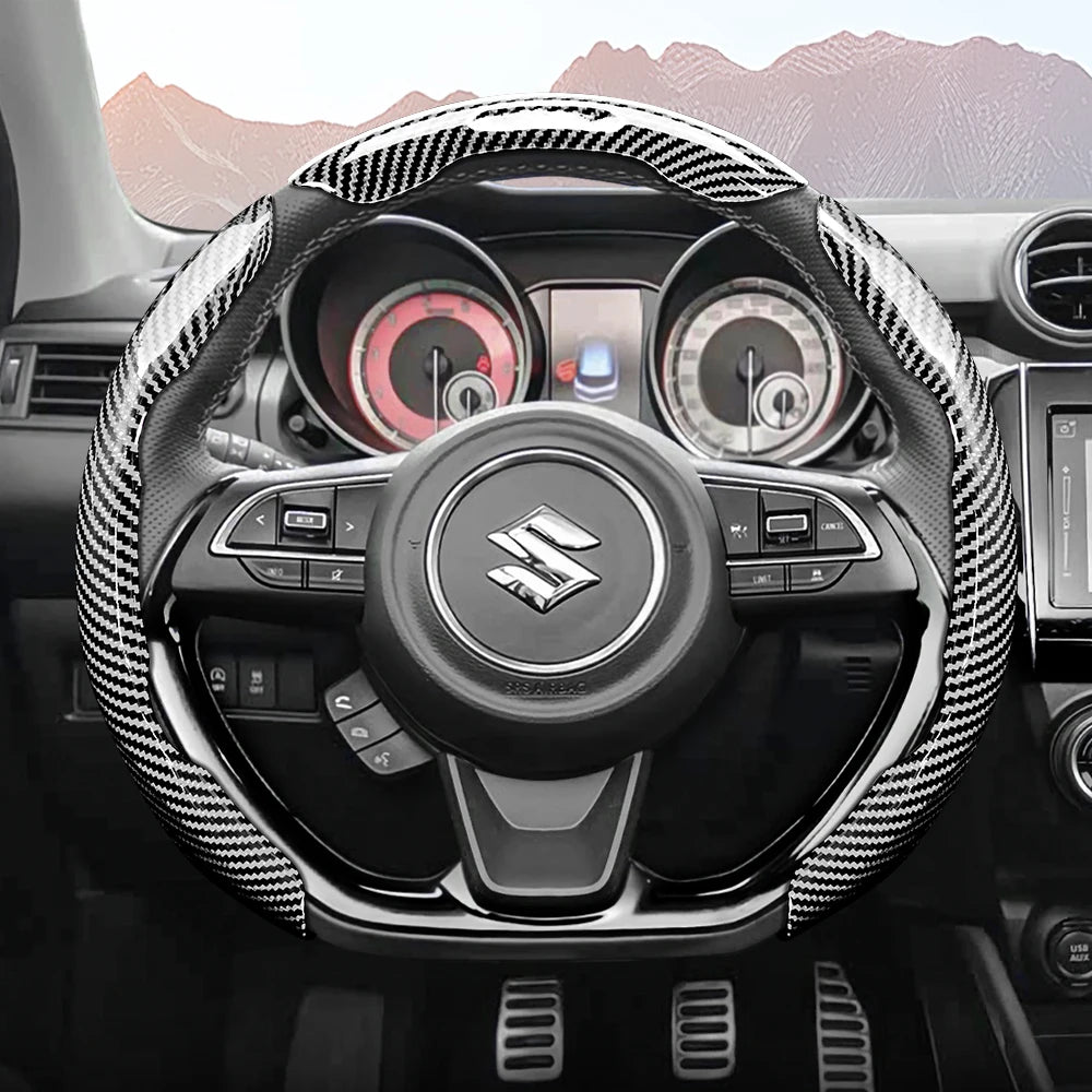 Suitable for Suzuki Sporty Glossy Carbon Fiber Texture Steering Wheel Cover Snap-On Protective Shell Wagon R Swift Ertiga Brezza Baleno Fronx Dzire Spacia Alto Eeco Hustler Grand Vitara S-Cross Ignis Accessories