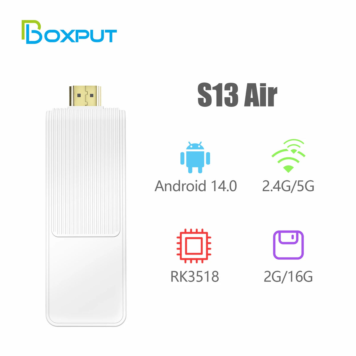 S13 Air Smart TV Stick Android 14 Rockchip RK3518, 2.4G&5G WiFi6 Dual Band, 2GB 16GB ROM 4K HDR Bluetooth Voice Remote Control
