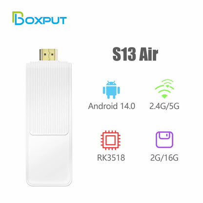 S13 Air Smart TV Stick Android 14 Rockchip RK3518, 2.4G&5G WiFi6 Dual Band, 2GB 16GB ROM 4K HDR Bluetooth Voice Remote Control