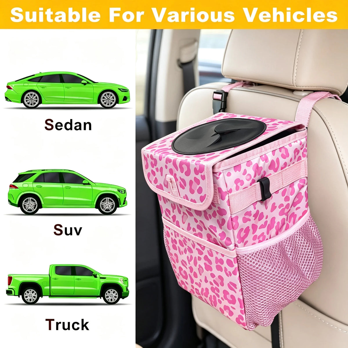 Car Trash Can with Lid, Leakproof Collapsible Car Garbage Bin, Portable Automotive Truck Storage Organizer Bag, Multifunctional