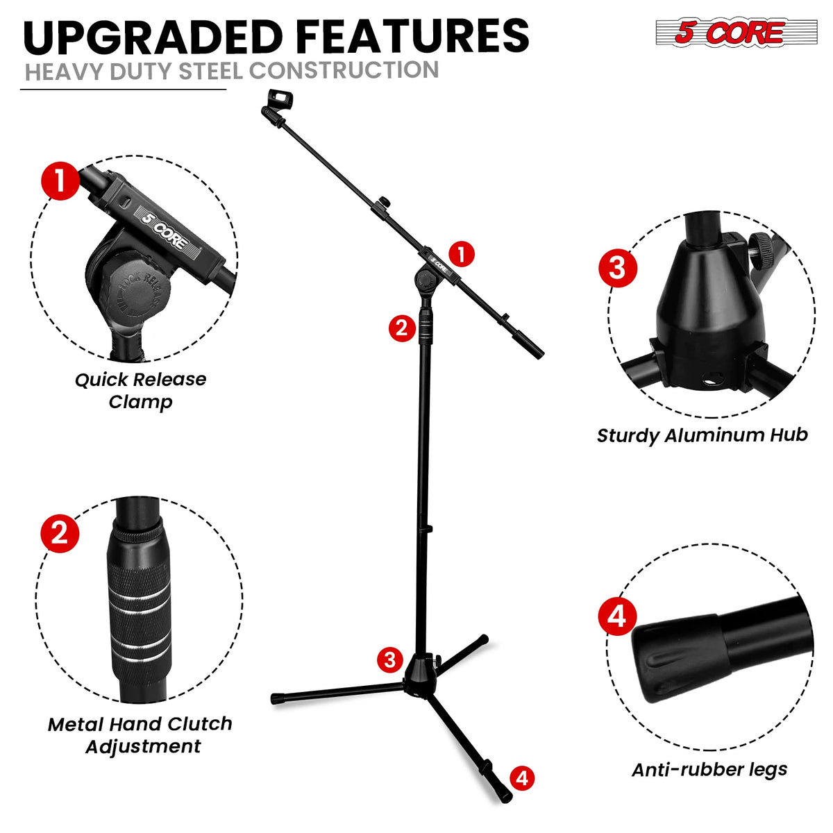 5 Core Mic Stand Adjustable Microphone Stands Floor w 180° Rotating Telescoping Metal Boom Arm TBMS 80 HD