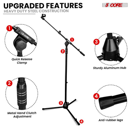 5 Core Mic Stand Adjustable Microphone Stands Floor w 180° Rotating Telescoping Metal Boom Arm TBMS 80 HD