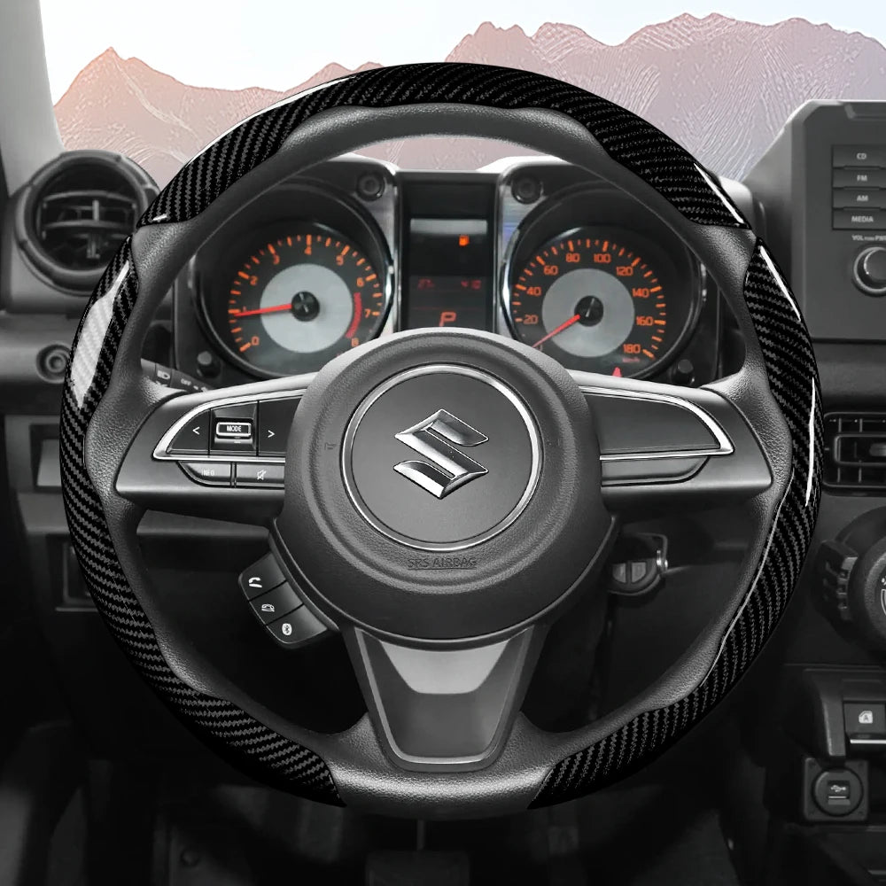Suitable for Suzuki Sporty Glossy Carbon Fiber Texture Steering Wheel Cover Snap-On Protective Shell Wagon R Swift Ertiga Brezza Baleno Fronx Dzire Spacia Alto Eeco Hustler Grand Vitara S-Cross Ignis Accessories