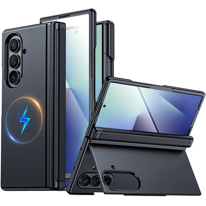Magnetic Case for Samsung Galaxy Z Fold 7 with Hidden Kickstand, Built-in 9H Glass Screen Protector & Hinge Protection-Blue