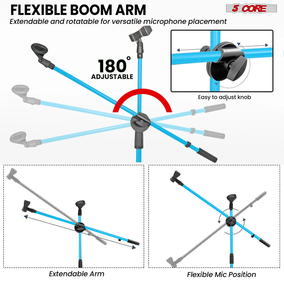 5 Core Mic Stand 2Pcs Floor Height Adjustable Tripod Microphone Stands w Telescoping Boom Arm