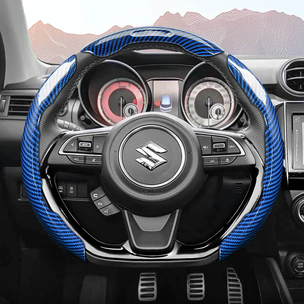 Suitable for Suzuki Sporty Glossy Carbon Fiber Texture Steering Wheel Cover Snap-On Protective Shell Wagon R Swift Ertiga Brezza Baleno Fronx Dzire Spacia Alto Eeco Hustler Grand Vitara S-Cross Ignis Accessories