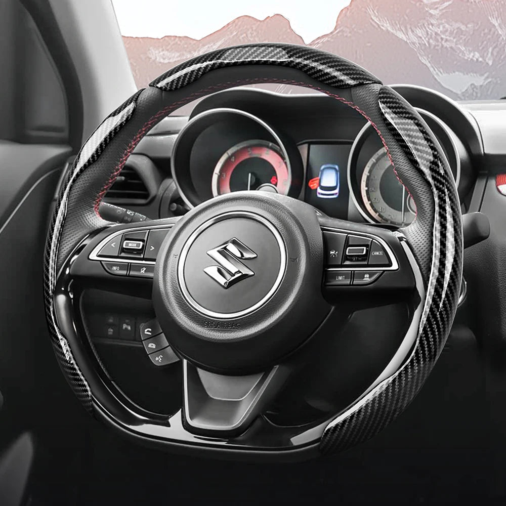 Suitable for Suzuki Sporty Glossy Carbon Fiber Texture Steering Wheel Cover Snap-On Protective Shell Wagon R Swift Ertiga Brezza Baleno Fronx Dzire Spacia Alto Eeco Hustler Grand Vitara S-Cross Ignis Accessories