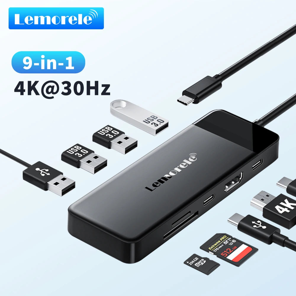 Lemorele 10/9in-1 USB C Hub Type C Docking Station RJ45 PD 100W Adapter USB 3.0 Hub Laptop Tablet Accessories For Macbook Laptop