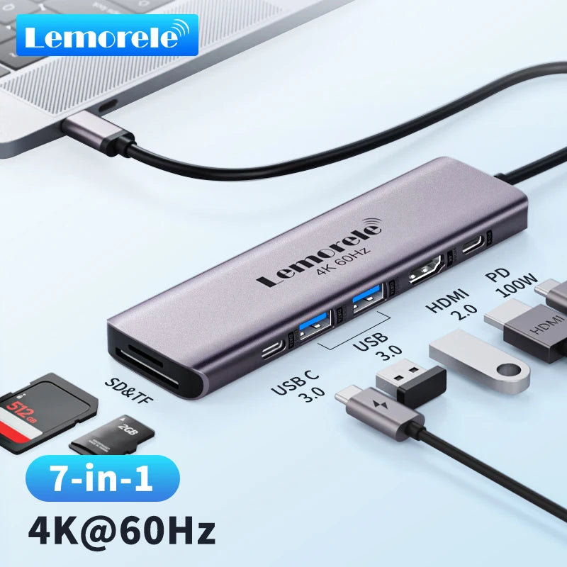 Lemorele 7-in-1 USB HUB Docking Station USB-C Hub HDMI 4K 60Hz USB 3.0 Adapter PD100W Charge For MacBook Pro Laptop Accessories