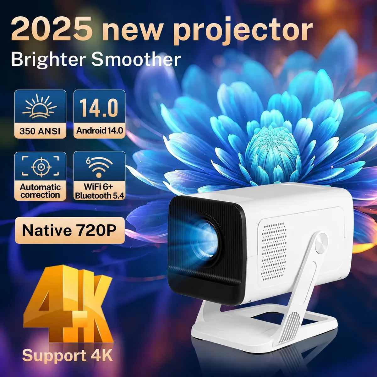 Mini Projector Native 1080P, 4K Decoding, WiFi 6 & BT 5.4, Android TV Short Throw Portable Beamer for Home Theater Outdoor Movie