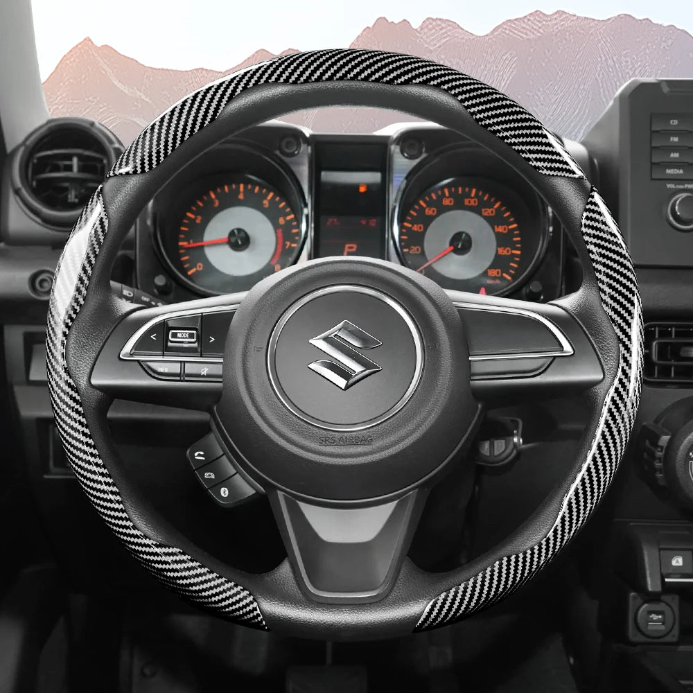 Suitable for Suzuki Sporty Glossy Carbon Fiber Texture Steering Wheel Cover Snap-On Protective Shell Wagon R Swift Ertiga Brezza Baleno Fronx Dzire Spacia Alto Eeco Hustler Grand Vitara S-Cross Ignis Accessories