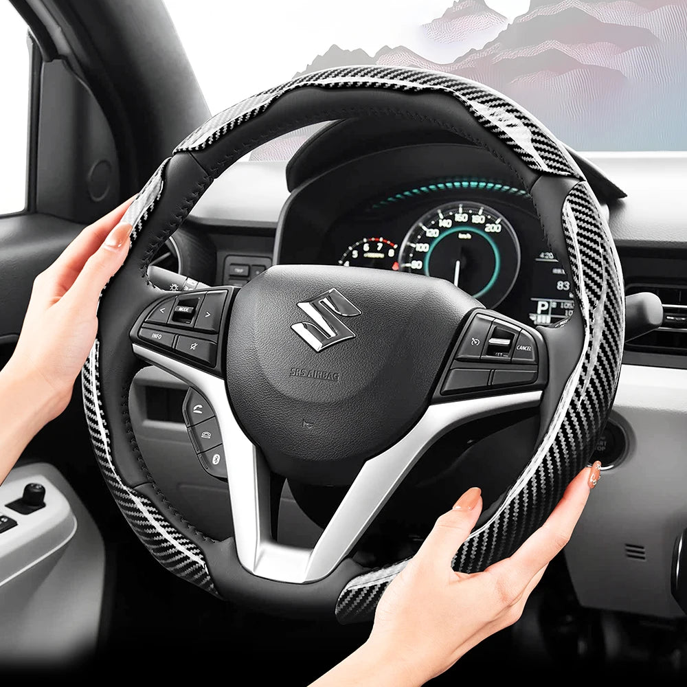 Suitable for Suzuki Sporty Glossy Carbon Fiber Texture Steering Wheel Cover Snap-On Protective Shell Wagon R Swift Ertiga Brezza Baleno Fronx Dzire Spacia Alto Eeco Hustler Grand Vitara S-Cross Ignis Accessories