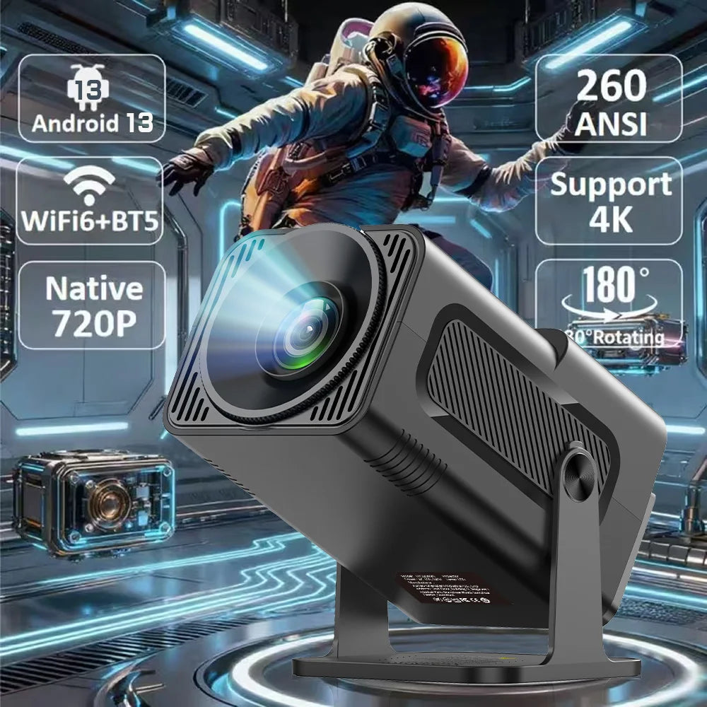 HY320 Mini Projector | 4K Android 13 Projector Native 720P 390 ANSI Lumens Dual Wi-Fi 6 BT 5.0 1920*720P Cinema Portable Proje