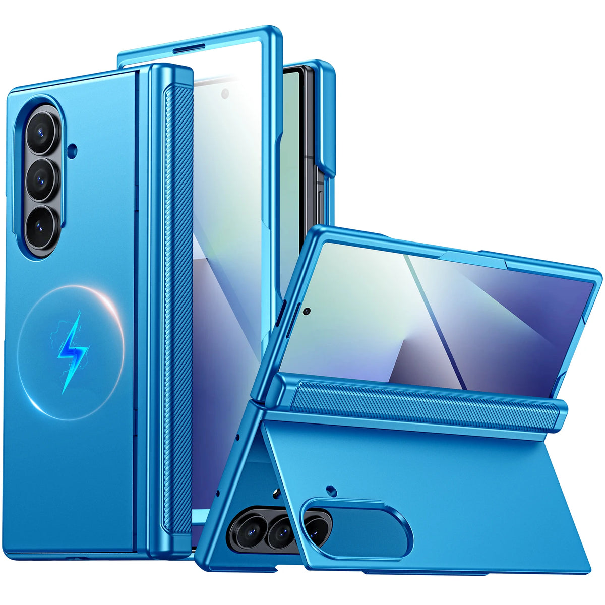 Magnetic Case for Samsung Galaxy Z Fold 7 with Hidden Kickstand, Built-in 9H Glass Screen Protector & Hinge Protection-Blue