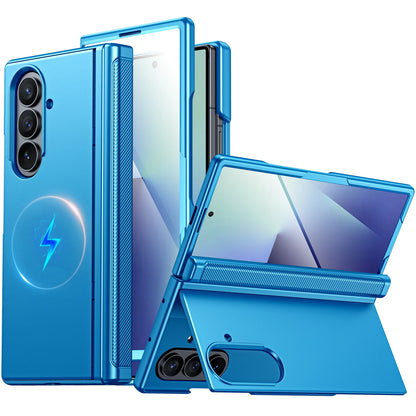Magnetic Case for Samsung Galaxy Z Fold 7 with Hidden Kickstand, Built-in 9H Glass Screen Protector & Hinge Protection-Blue