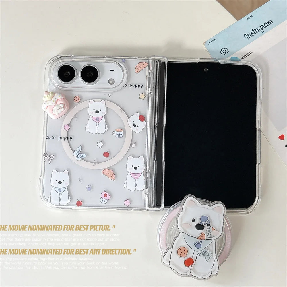 Korean Cute Puppy Magnetic Phone Case For iPhone Duo Cover With Magsafe Stand Anti‑Fall Protective Cases For Iphone Duo Cases