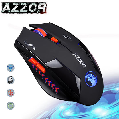 AZZOR Rechargable Silent Wireless Mouse Mute Button Noiseless Optical Gaming 2400dpi Built-in Battery For PC Laptop Computer