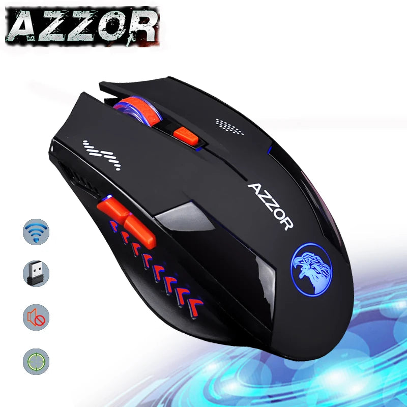 AZZOR Rechargable Silent Wireless Mouse Mute Button Noiseless Optical Gaming 2400dpi Built-in Battery For PC Laptop Computer