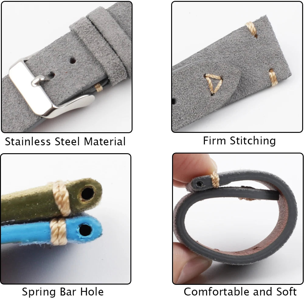 Suede Leather Watch Strap 18mm 19mm 20mm 21mm 22mm 24mm Grey Vintage Band Replacement Wristband Handmade Stitching Watchband