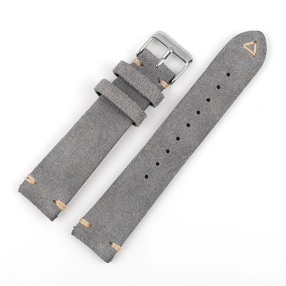 Suede Leather Watch Strap 18mm 19mm 20mm 21mm 22mm 24mm Grey Vintage Band Replacement Wristband Handmade Stitching Watchband