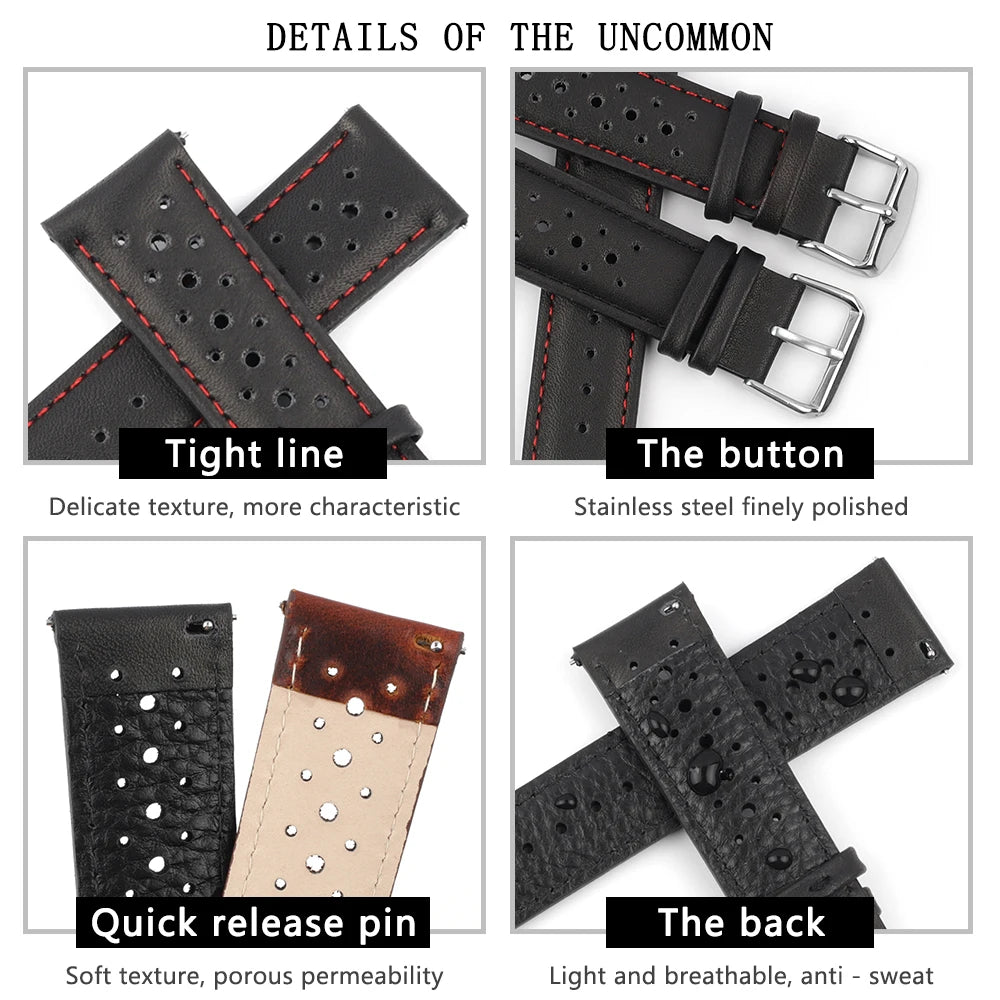 Genuine Leather Watchstrap Brown Porous Breathable Watch Band 18mm 20mm 22mm 24mm Handmade Stitching for Watch Wist Bracelets