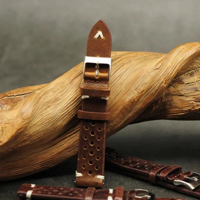 Genuine Leather Watchstrap Brown Porous Breathable Watch Band 18mm 20mm 22mm 24mm Handmade Stitching for Watch Wist Bracelets