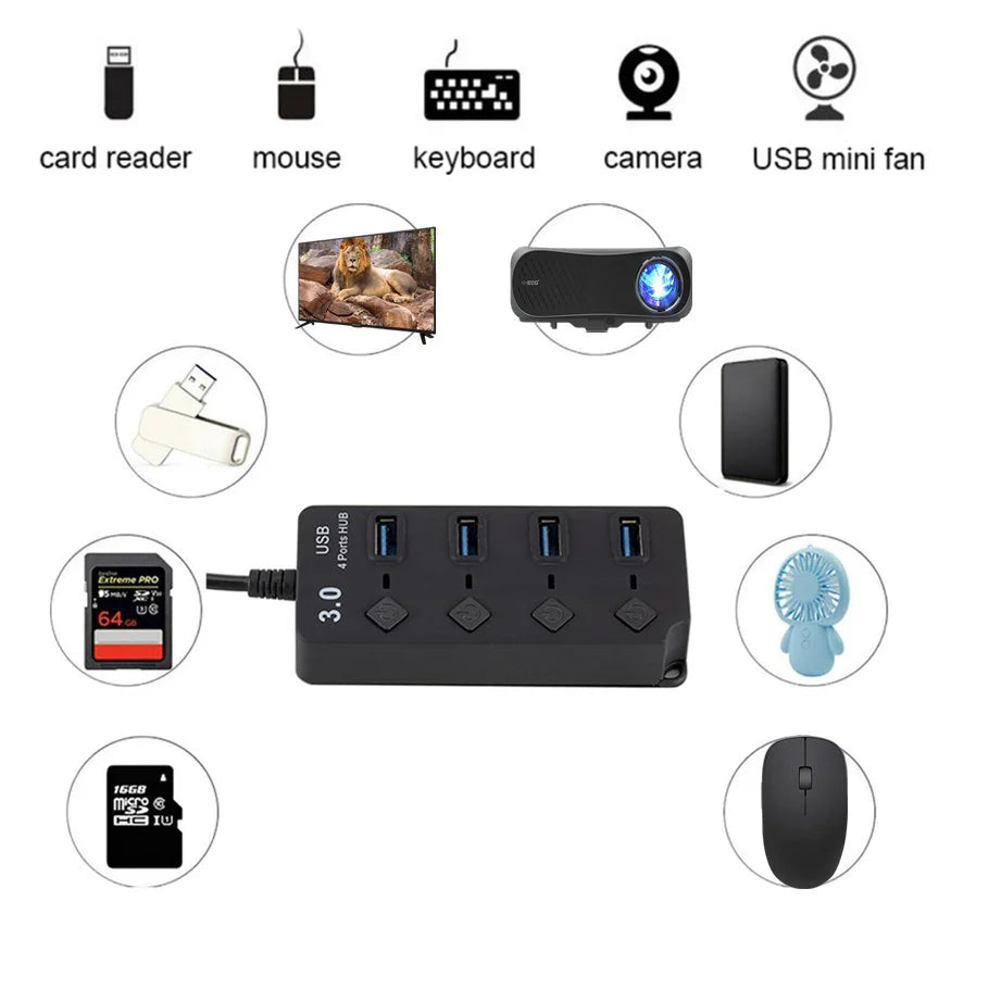 USB 3.0 Hub USB Hub 3.0 Multi USB Splitter 3 Hab Use Power Adapter 4 Port Multiple Expander 3.0 2.0 USB Hub with Switch for PC
