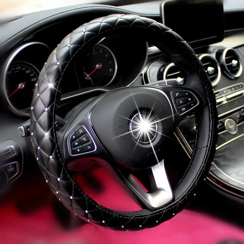 New Luxury Crystal Car Steering Wheel Covers for Women Girls Leather Rhinestone Covered Steering-Wheel Car Interior Accessories