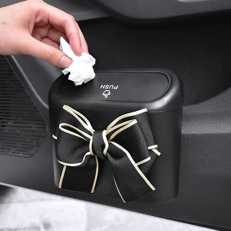 Cute Bowknot Car Trash Bin Can Hanging Auto Dust Organizer Rubbish Bag Garbage Container Storage Box Bucket Auto Accessories