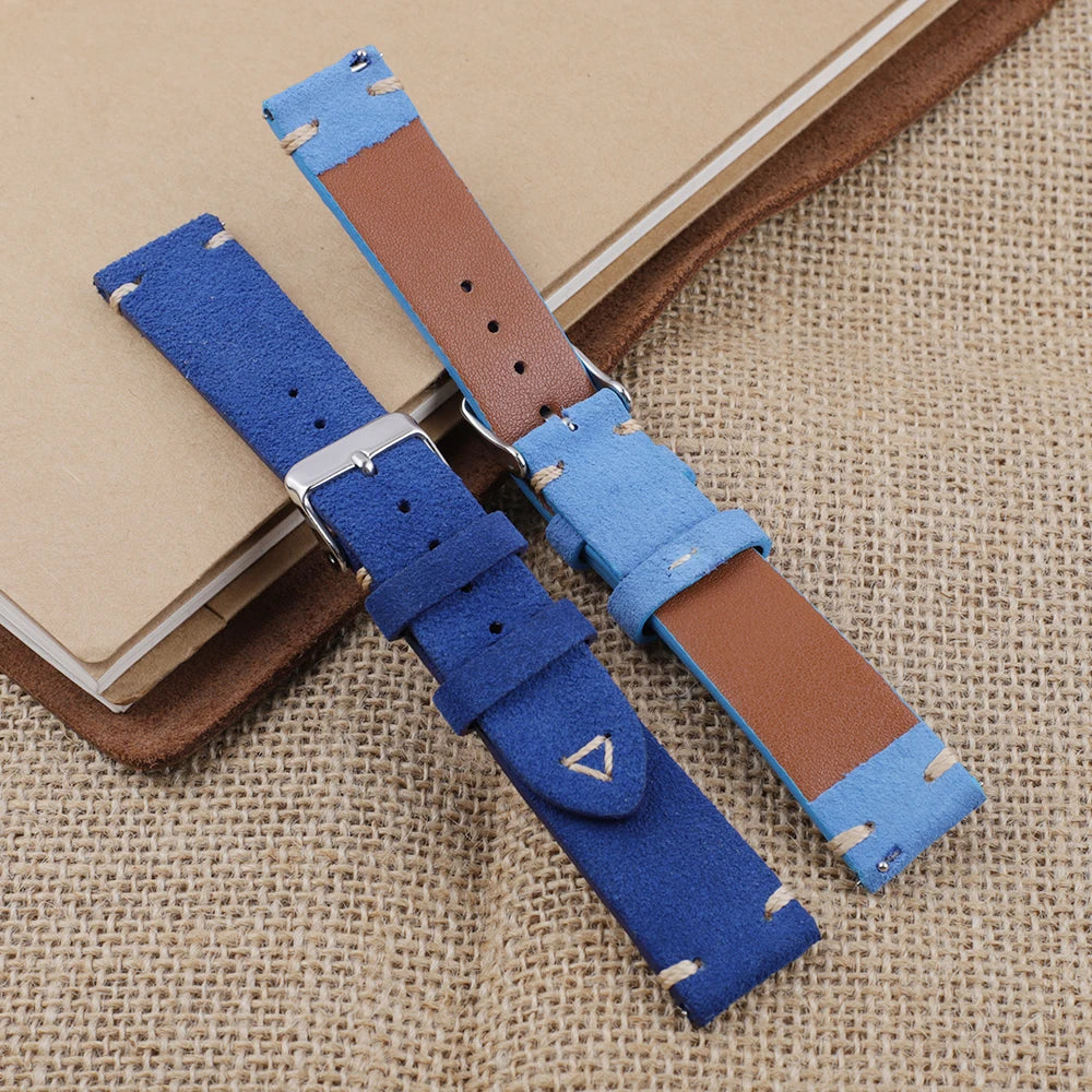 Suede Leather Watch Strap 18mm 19mm 20mm 21mm 22mm 24mm Grey Vintage Band Replacement Wristband Handmade Stitching Watchband