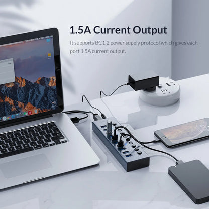 ORICO USB 3.0 HUB 7/10 -Port Aluminum USB Splitter On/Off Switch 12V Power Adapter Support Charging for Computer USB Docking