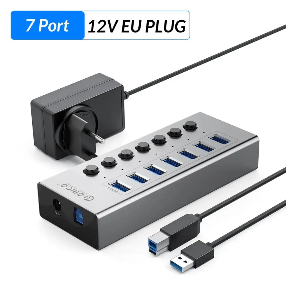 ORICO USB 3.0 HUB 7/10 -Port Aluminum USB Splitter On/Off Switch 12V Power Adapter Support Charging for Computer USB Docking