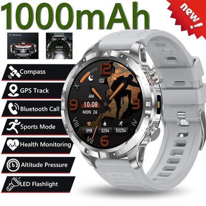 2026 New Military 1000mAh Battery Smart Watch 1.7-inch HD Large Screen LED Flashlight Sport Mode Bluetooth Call Smartwatch Men