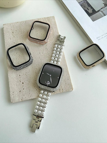 Rhinestone Decor Tempered Glass Screen Protector Watch Case For Apple Watch 38/40/41/42/44/45/46mm,Series SE/10/9/8/7/6/5/4/3/2
